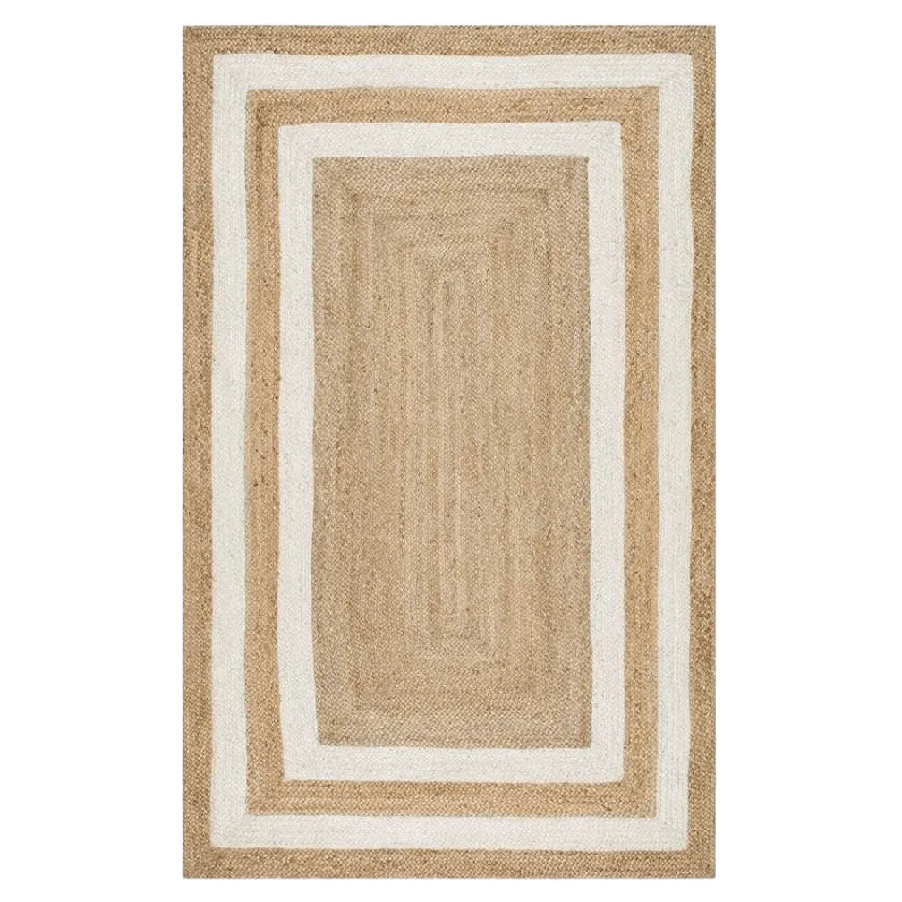 Double White Trim Natural Rectangular Hand Braided Jute Rug