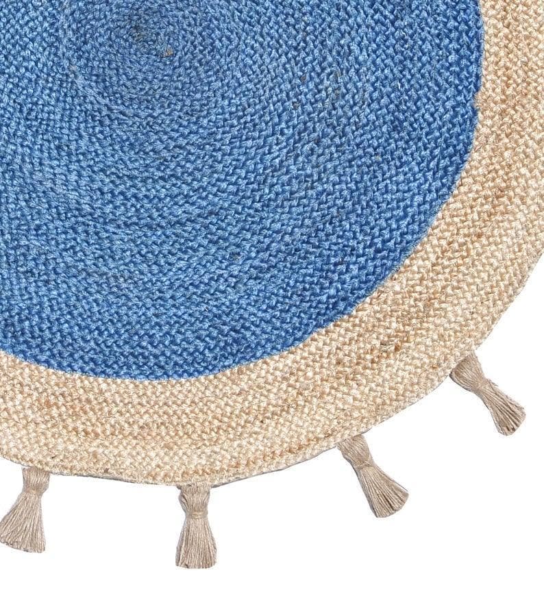 Fringed Blue Round Jute Rug