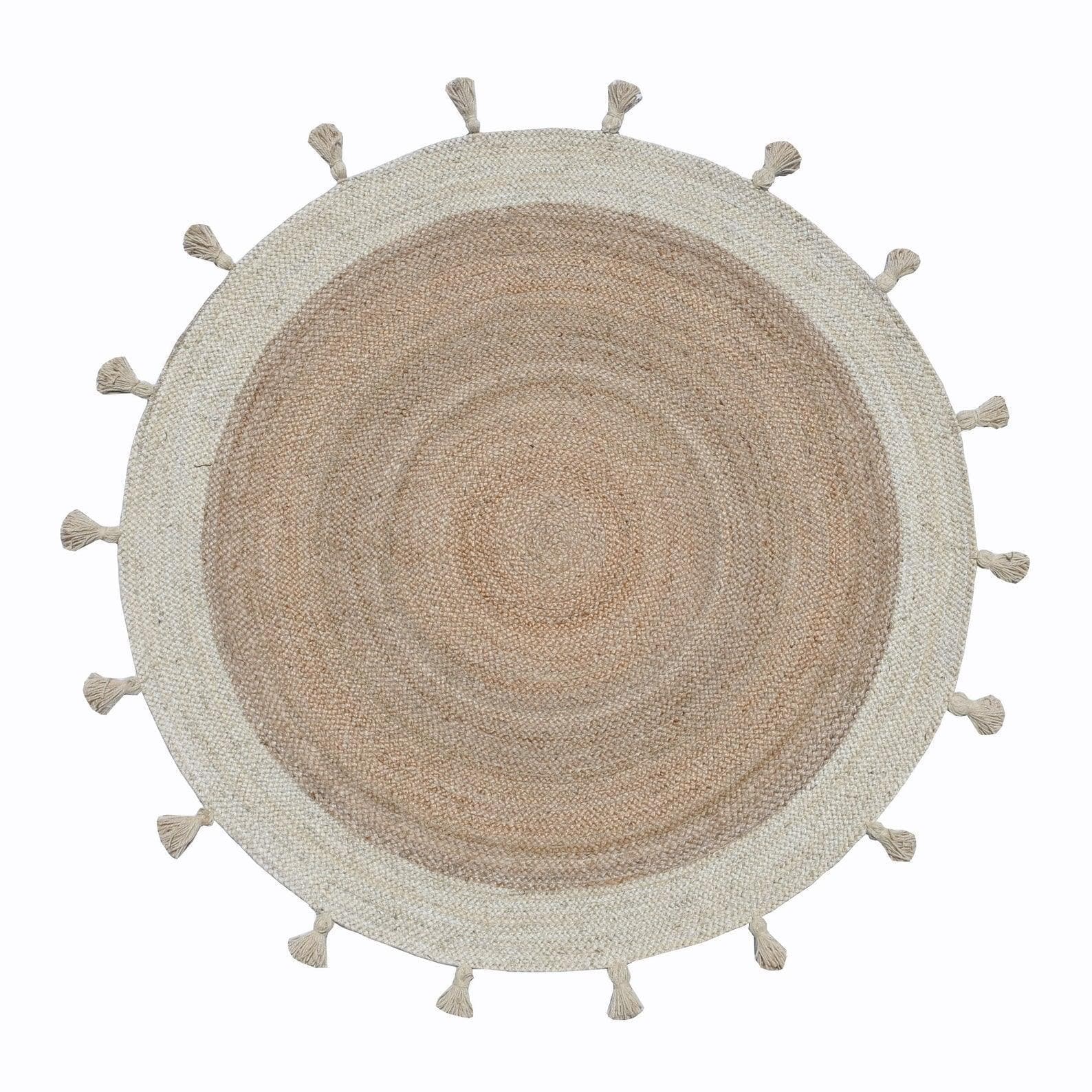 Fringed White Round Jute Rug