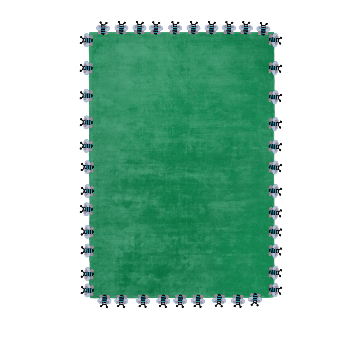 The Green Bees Love hand-tufted wool rug features charming bee motifs in fresh green tones. Its playful design and soft wool texture bring a cheerful, nature-inspired touch to any space.