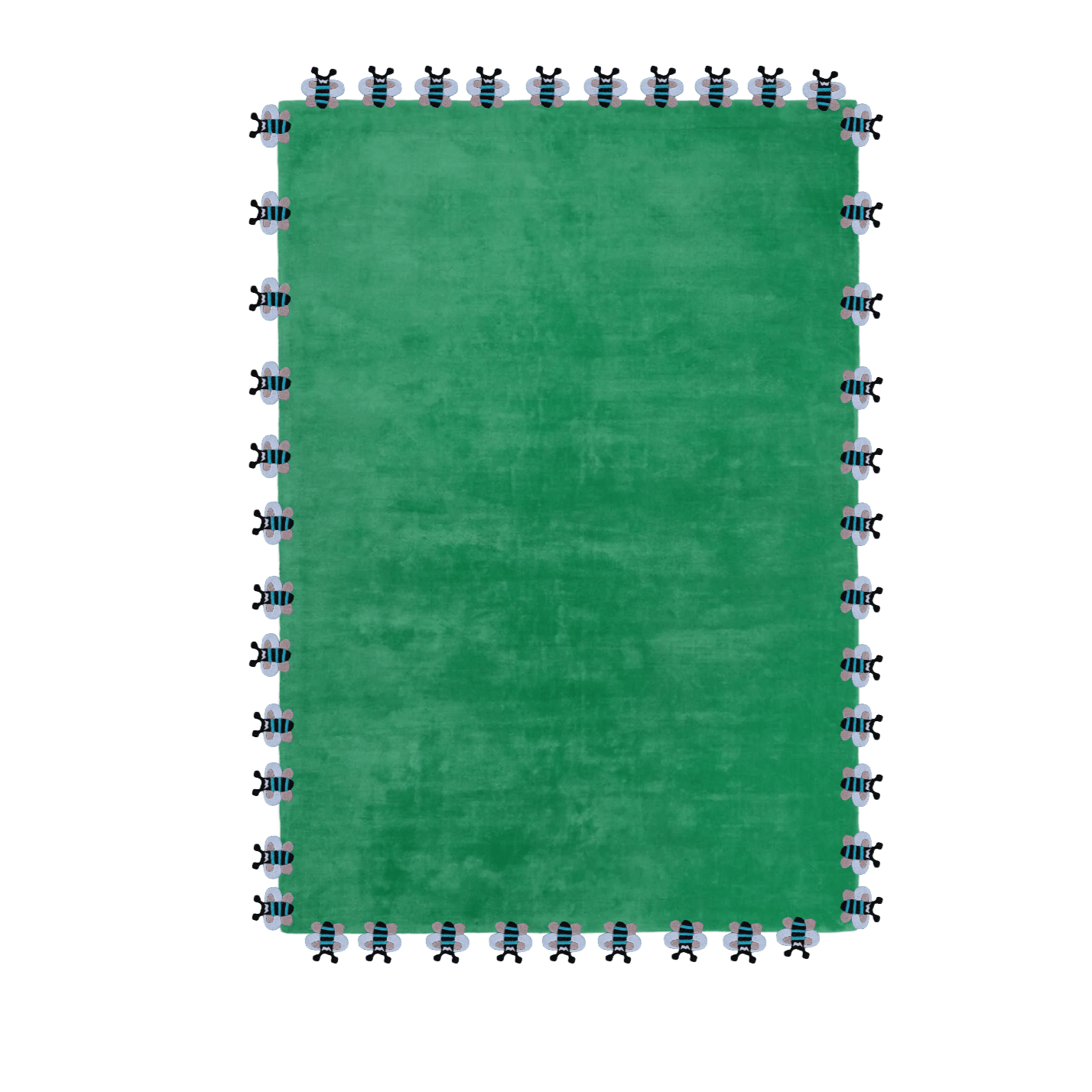 The Green Bees Love hand-tufted wool rug features charming bee motifs in fresh green tones. Its playful design and soft wool texture bring a cheerful, nature-inspired touch to any space.