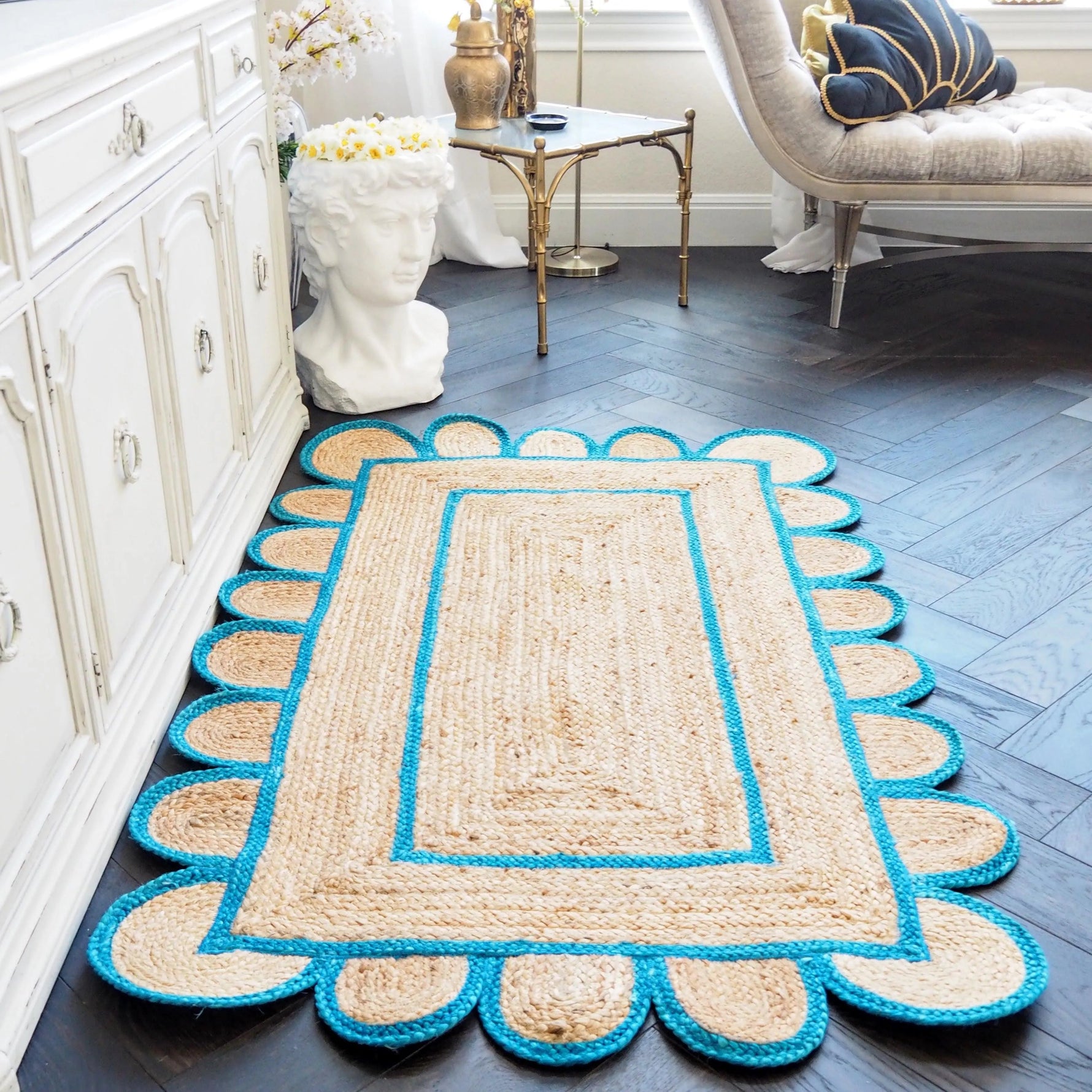 Handmade Blue Scalloped Jute Rug 3' x 5'