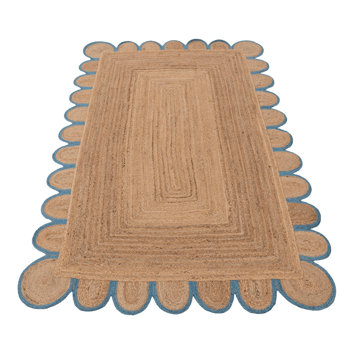 Handmade Blue Trim Scalloped Jute Rug