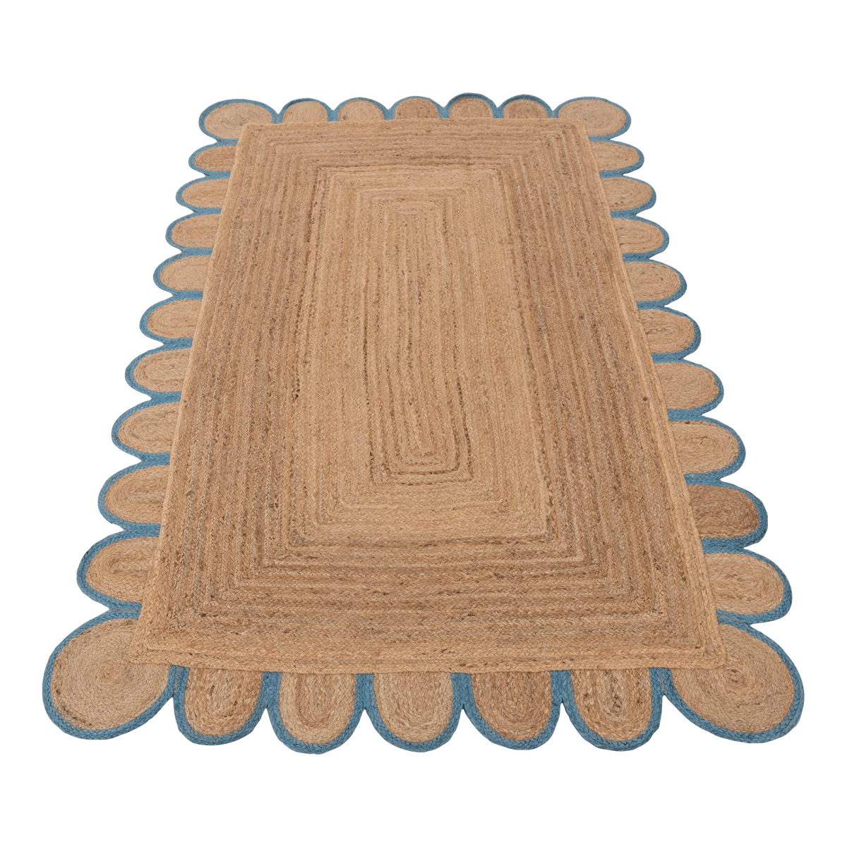 Handmade Blue Trim Scalloped Jute Rug