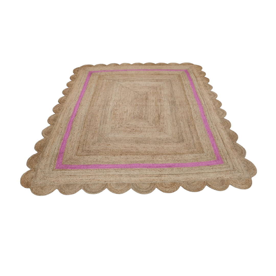 Handmade Large Pink Scalloped Border Jute Rug