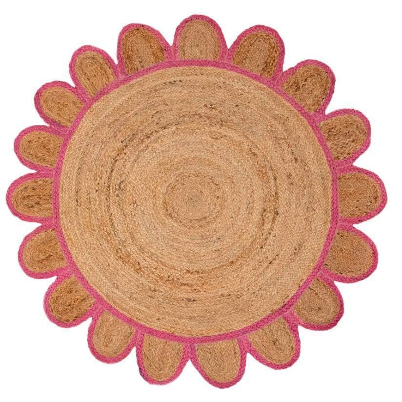 Handmade Pink Scalloped Round Jute Rug