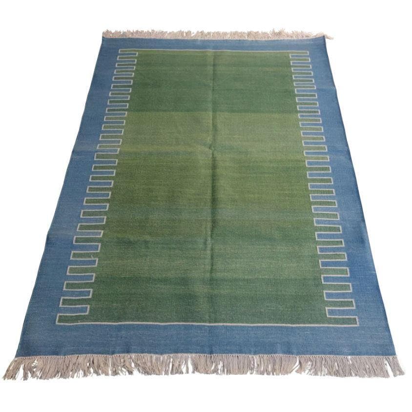 Handmade Reversible Cotton Fringed Geometric Blue Bordered Rug