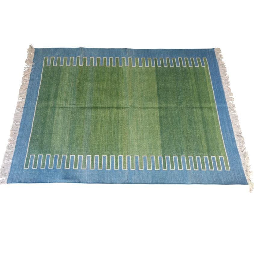 Handmade Reversible Cotton Fringed Geometric Blue Bordered Rug