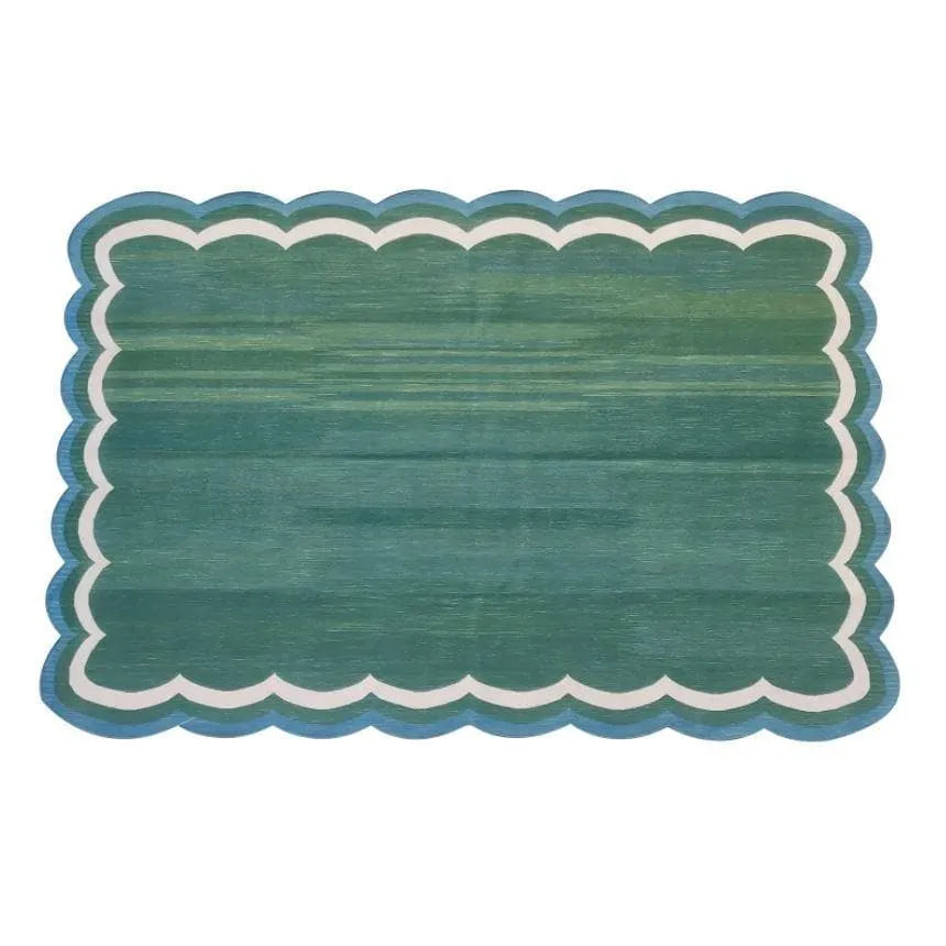 Handmade Reversible Cotton Scalloped Rug - Cream, Blue and Green