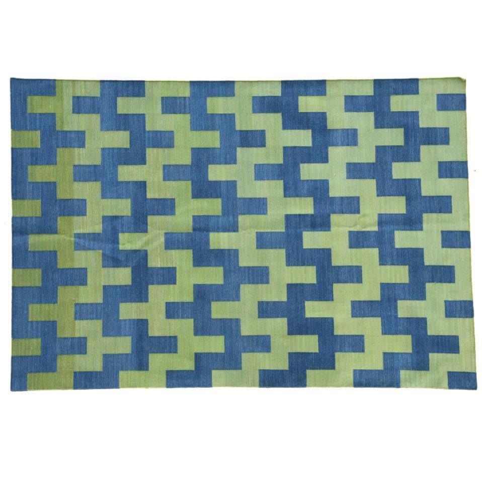 Modern Organic Vegetable Dyed Indian Dhurrie Reversible Cotton Rug - Green