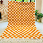 Moroccan Berber Handwoven Checker Wool Area Rug - Orange and White