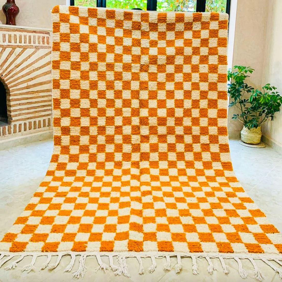 Moroccan Berber Handwoven Checker Wool Area Rug - Orange and White