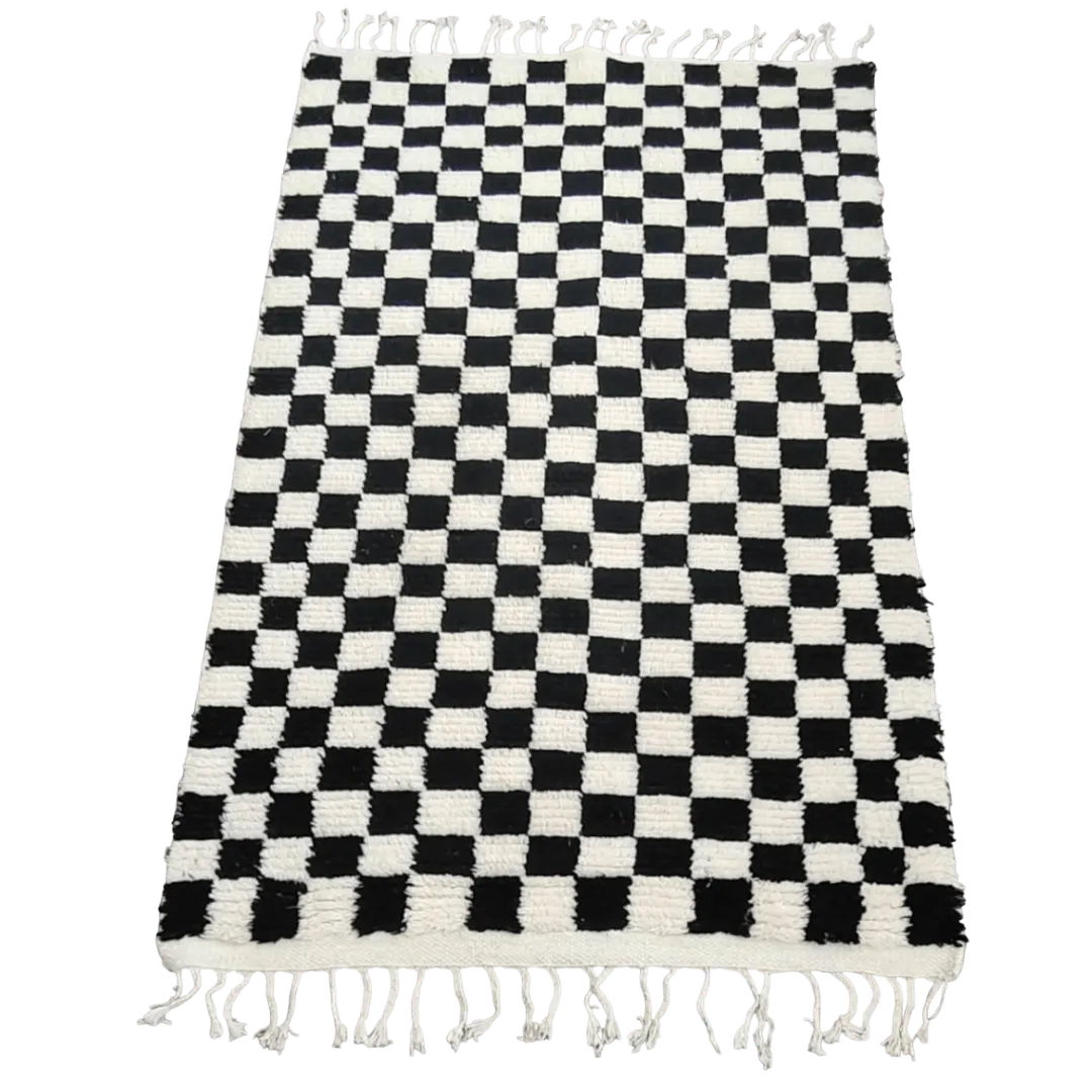 Moroccan Berber Handwoven Checker Wool Area Rug with Tassels - Black and White