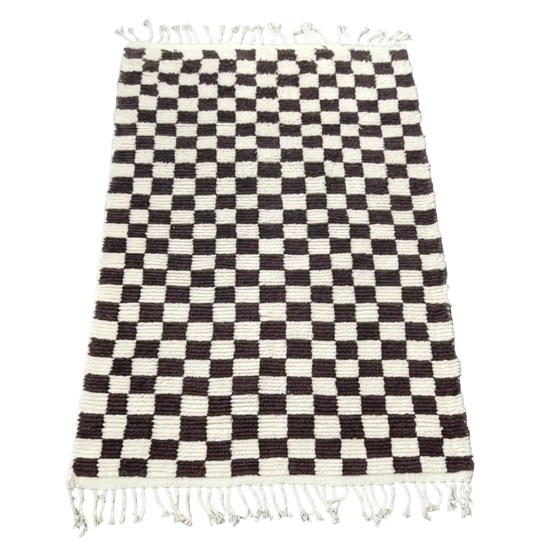 Moroccan Berber Handwoven Checker Wool Area Rug with Tassels - Dark Brown and White