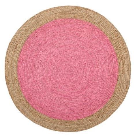 Natural Bordered Bright Pink Round Jute Rug