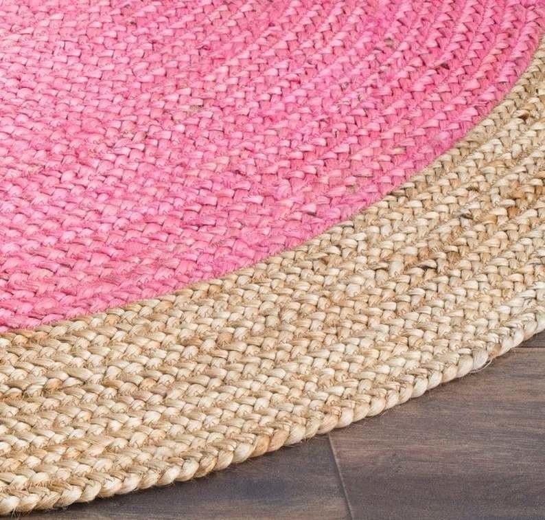 Natural Bordered Bright Pink Round Jute Rug