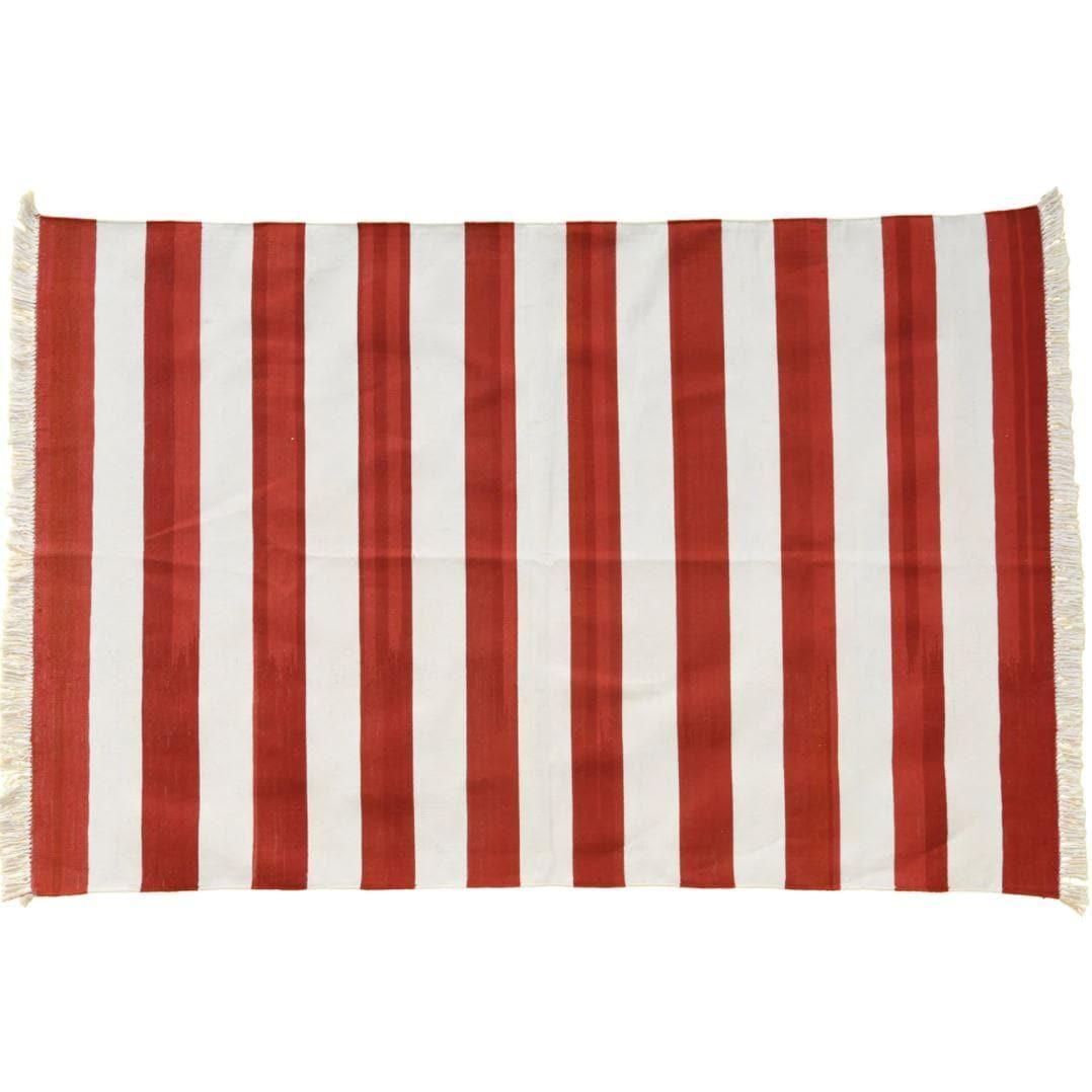 Natural Vegetable Dyed Indian Dhurrie Reversible Cotton Rug - Red Stripe