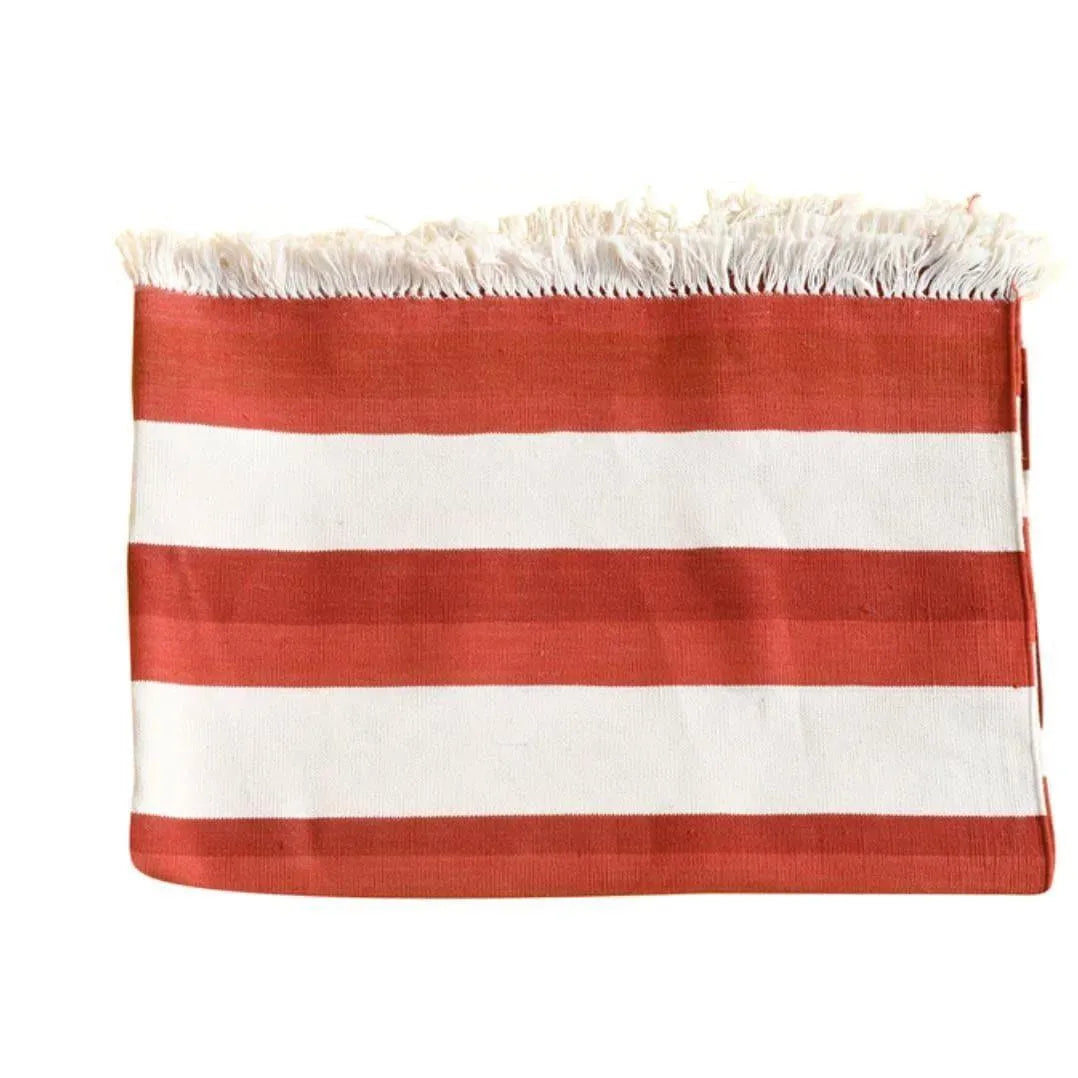 Natural Vegetable Dyed Indian Dhurrie Reversible Cotton Rug - Red Stripe