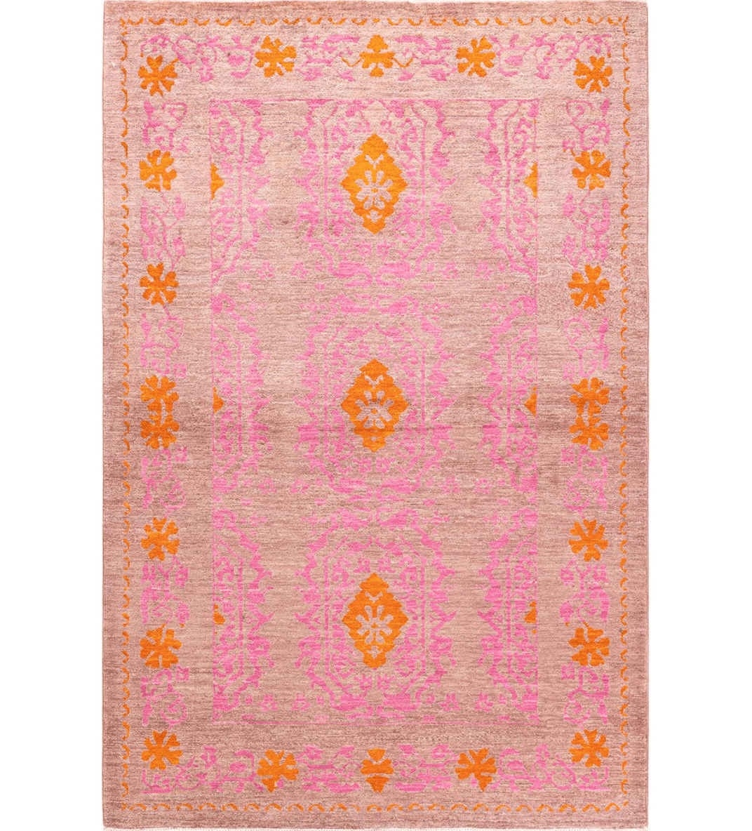 The Orange and Pink Indian Desi hand-spun wool rug features vibrant hues of orange and pink with traditional Indian designs. Its intricate craftsmanship and rich colors bring warmth and cultural elegance to any space.