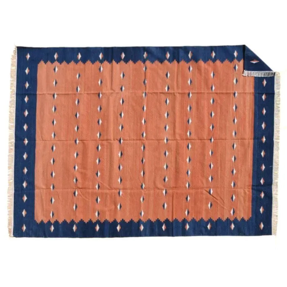 Organic Vegetable Dyed Indian Dhurrie Reversible Cotton Rug - Burnt Orange