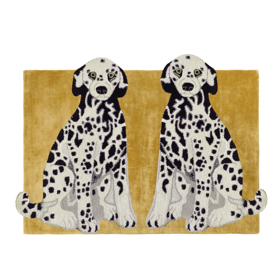 The Pair of Doggie hand-tufted wool rug in mustard features playful dog designs in warm, mustard tones. Its charming pattern and soft wool texture add a cozy, whimsical touch to any room.