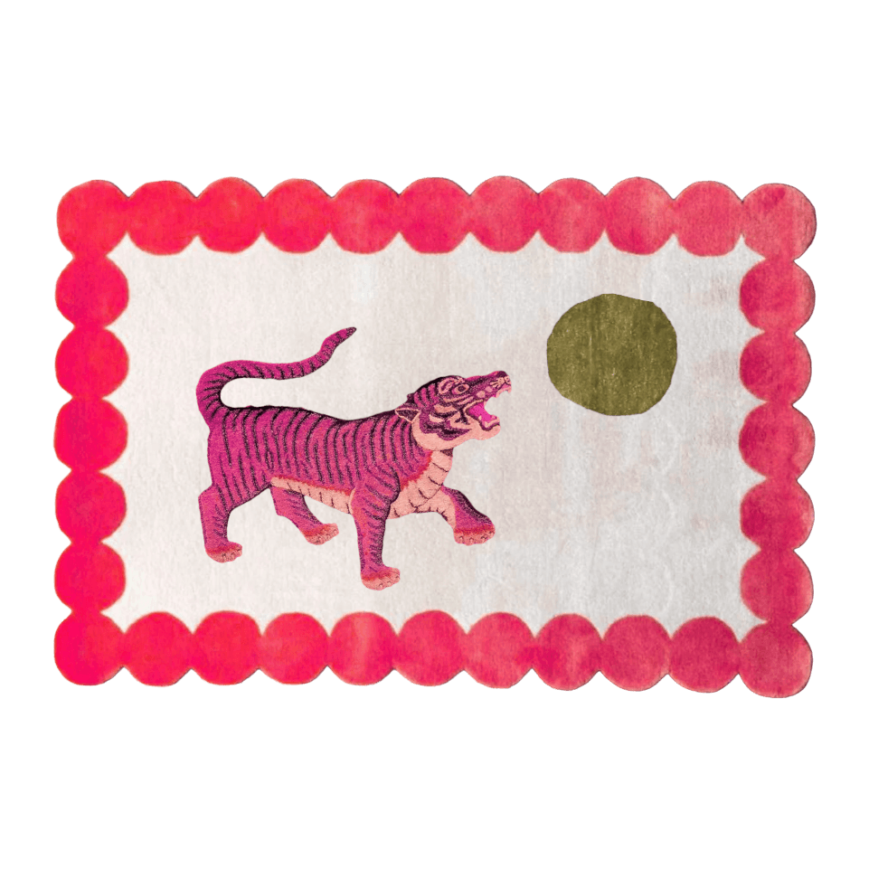 The Pink Tiger and the Sun hand-tufted wool rug in red and beige features a bold tiger design set against a vibrant sun backdrop. Its striking pattern and soft wool texture bring an energetic, artistic touch to any space.