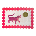 The Pink Tiger and the Sun hand-tufted wool rug in red and beige features a bold tiger design set against a vibrant sun backdrop. Its striking pattern and soft wool texture bring an energetic, artistic touch to any space.