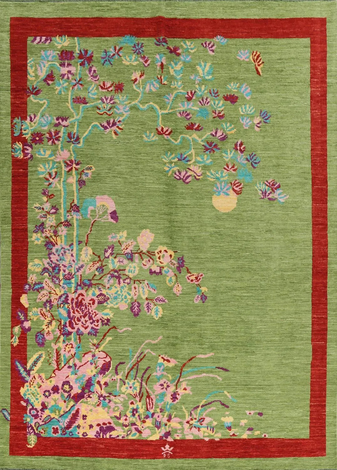 Red Bordered Spring Floral in the Green Sky Wool Hand Knotted Area Rug