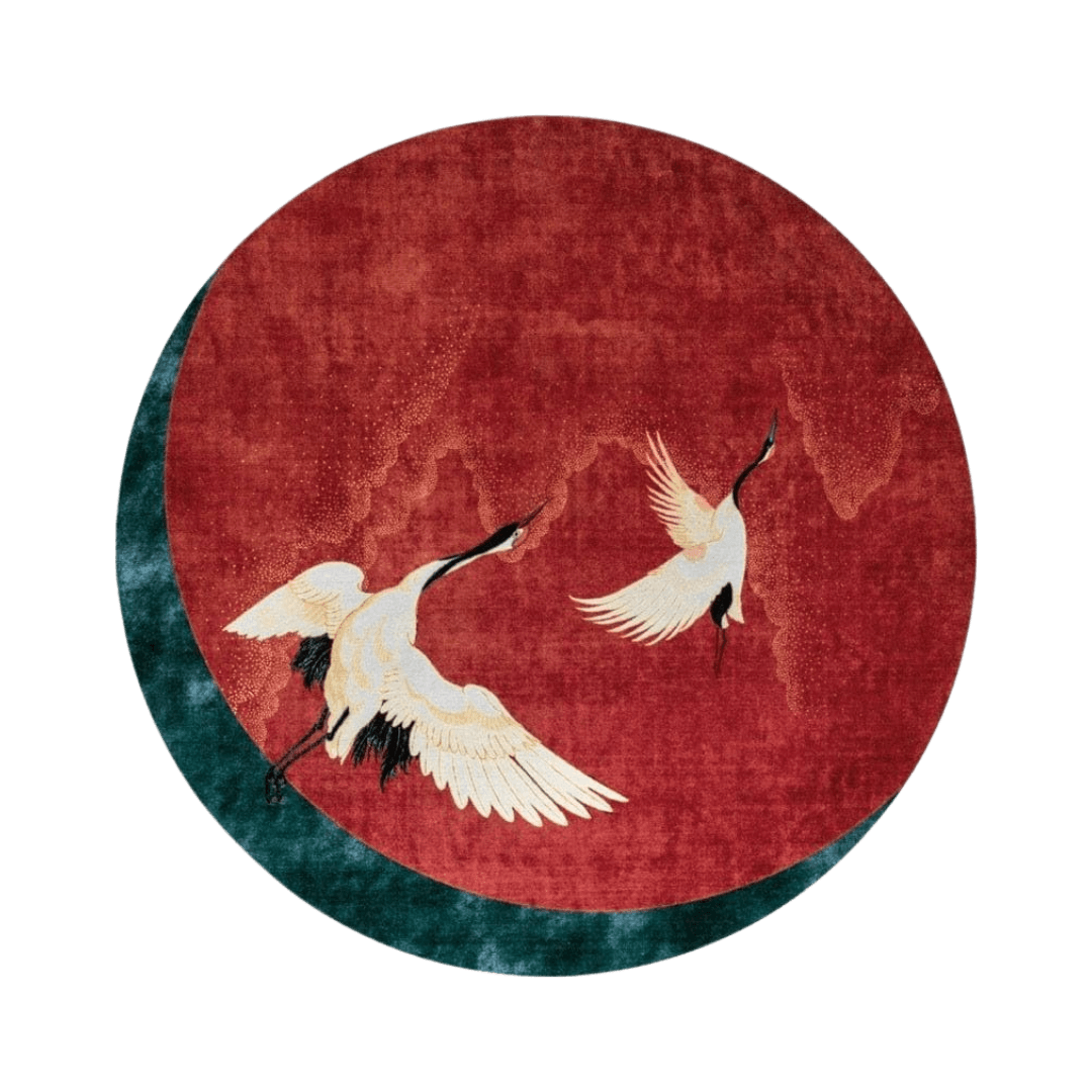 Red Flying Japanese Cranes Hand Tufted Rug