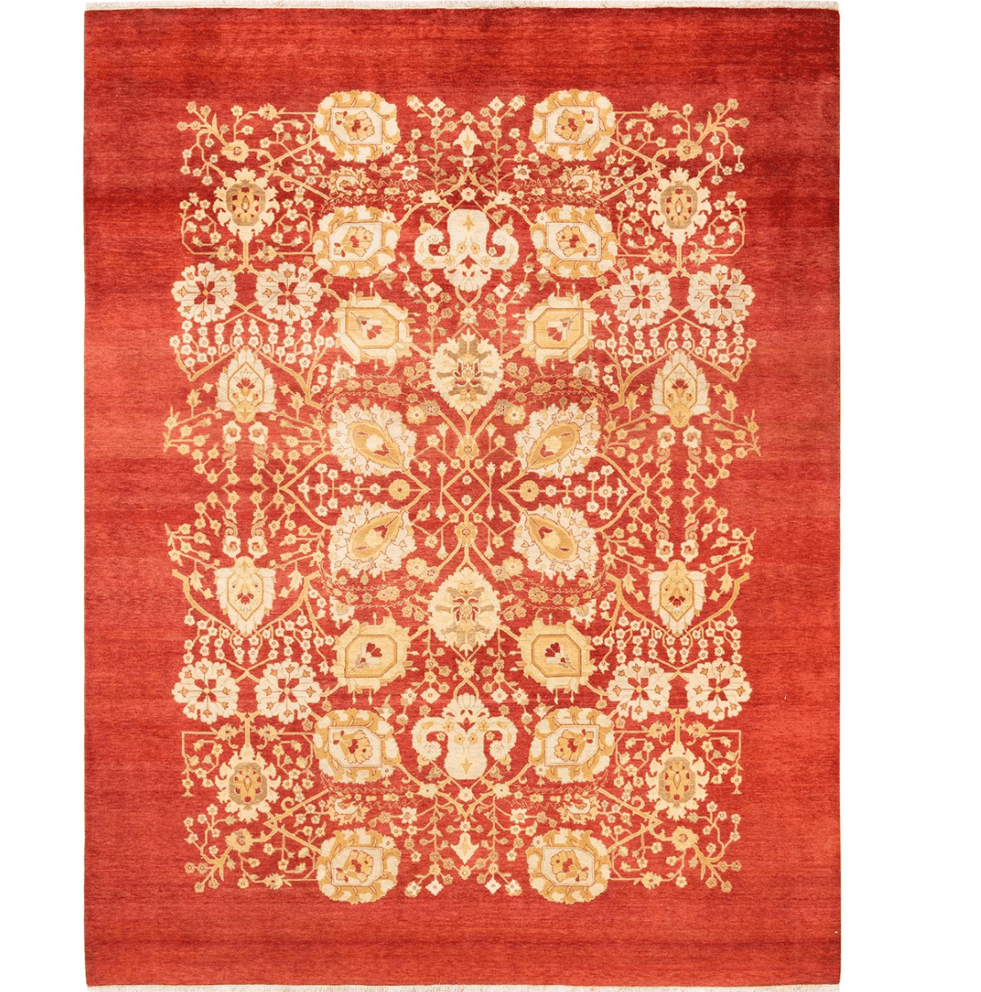 The Ruby Flowers of Life hand-spun wool hand-knotted area rug features vibrant ruby red flowers intricately woven into a stunning design. Its artisanal craftsmanship and luxurious texture add warmth and elegance to any space.