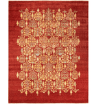 The Ruby Trees of Life hand-spun wool hand-knotted area rug features rich ruby tones with intricate tree motifs. Its artisanal craftsmanship and luxurious wool texture add a bold, elegant touch to any room.