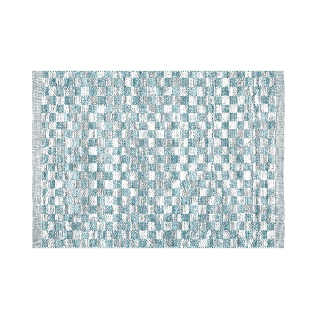 Sky Blue Checkered Jute Rug with Fringe