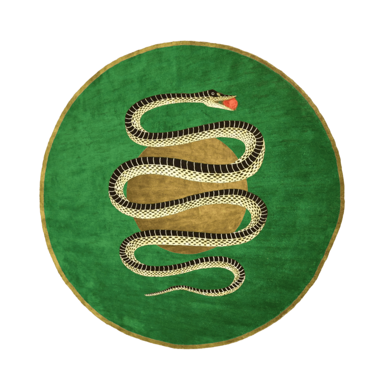 The Snake and Apple Green Gold round hand-tufted wool rug features a captivating snake motif with apple green and gold accents. Its bold design and plush wool texture create an exotic, luxurious statement piece for any space.