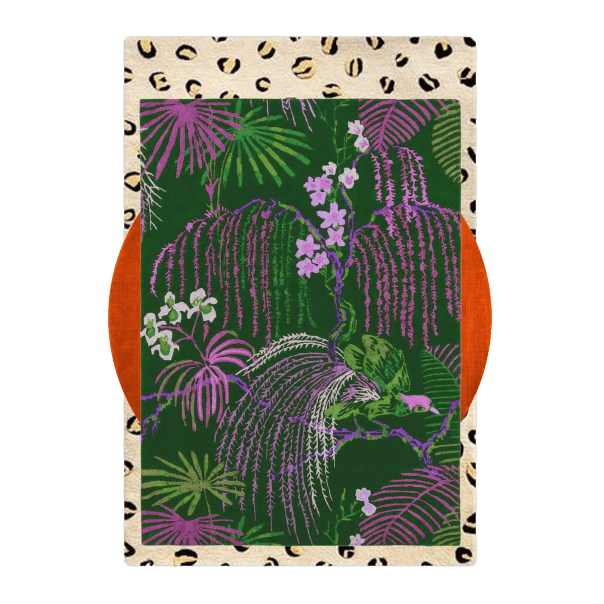 The Sunset in the Jungle hand-tufted wool rug features vibrant sunset hues set against a lush jungle backdrop. Its rich colors and soft wool texture bring a warm, exotic touch to any room.