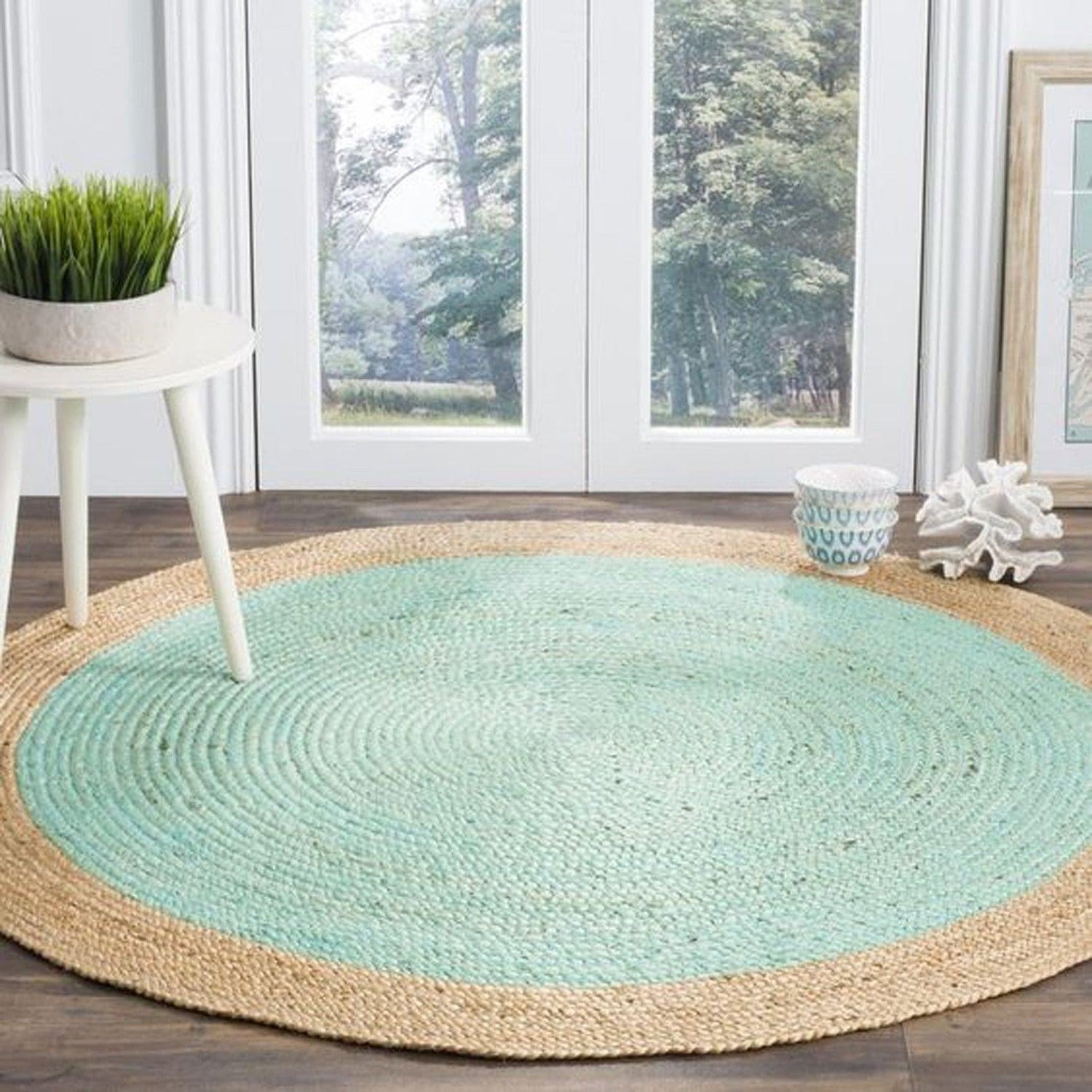 Turquoise Round Jute Rug