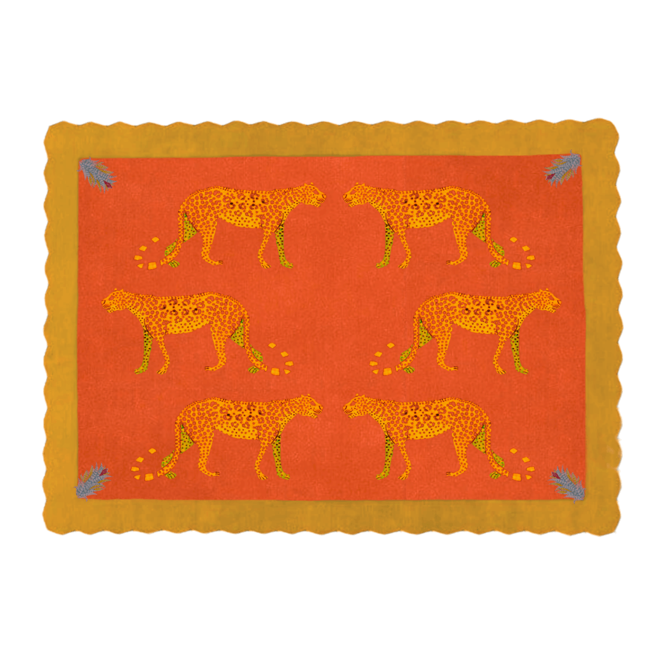 The Wandering Leopards in the Desert scalloped hand-tufted wool rug features dynamic leopard patterns set against a warm, sandy backdrop. Its intricate design and plush wool texture bring an adventurous, exotic touch to any space.