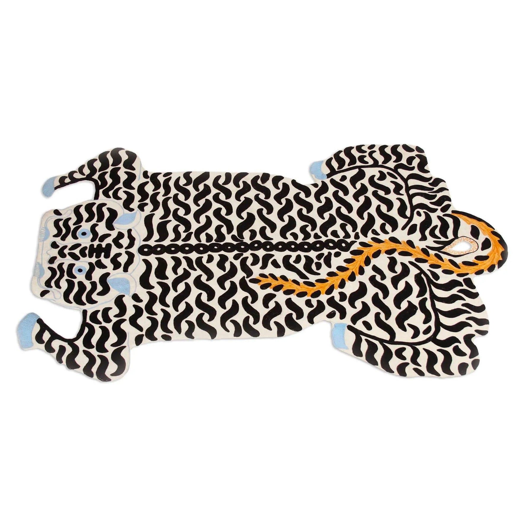 The White Authentic Tibetan Tiger hand-tufted wool rug features a powerful tiger design set against a clean white background. Its intricate detailing and soft wool texture add a bold, luxurious touch to any room.