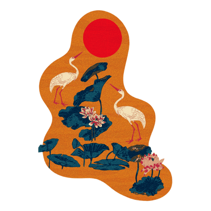 Cranes and Lotus in a Sunny Pond Hand Tufted Rug - Orange