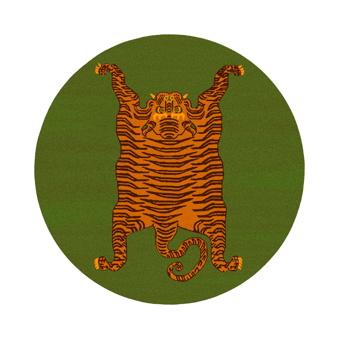 Orange Tibetan Tiger Green Hand Tufted Round Rug