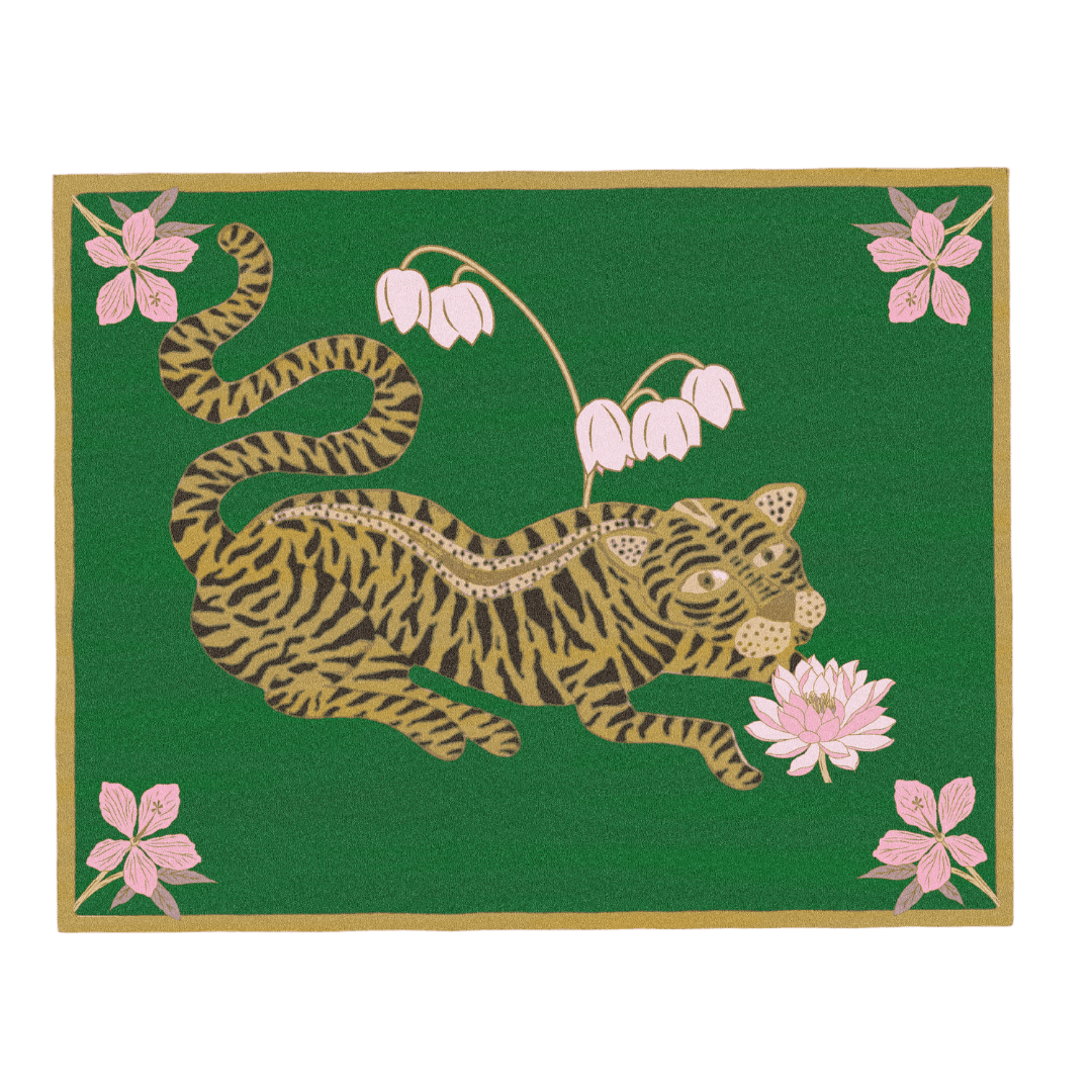 Lotus and Indian Tiger Hand Tufted Wool Rug - Green