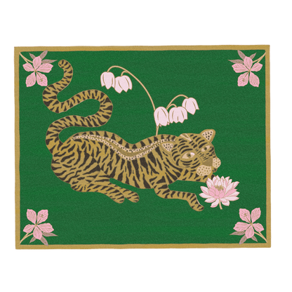 Lotus and Indian Tiger Hand Tufted Wool Rug - Green