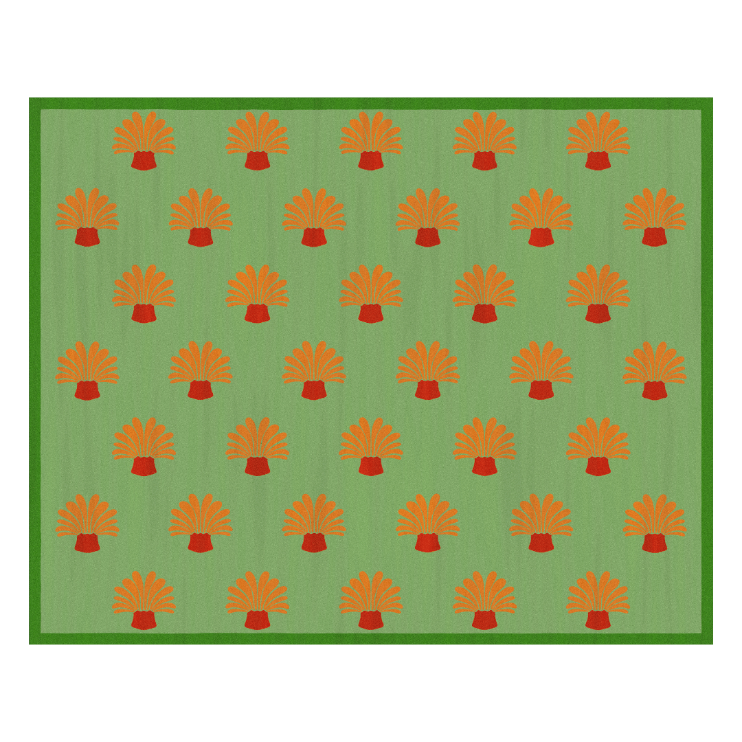 Orange Palm Trees Green Tufted Wool Rug - II