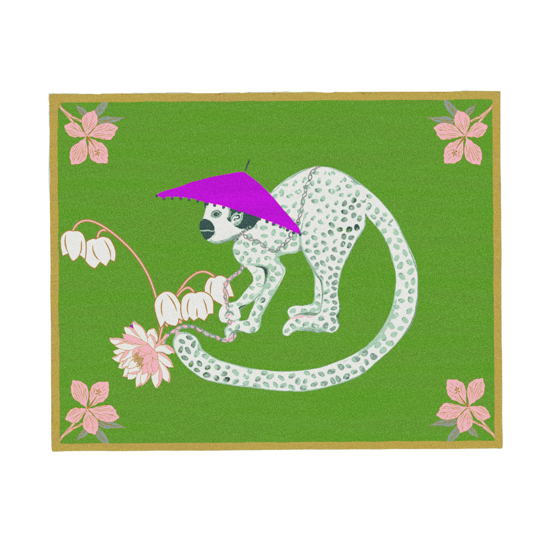 Pink Hat Monkey and Lotus Hand Tufted Rug