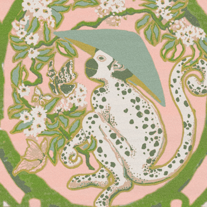 Pastel Green Scallop Chinoiserie Monkey Hand Tufted Wool Rug