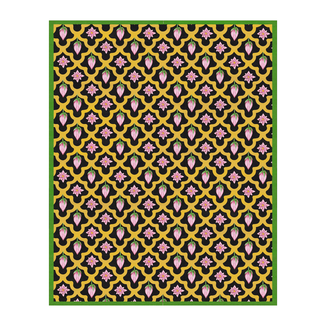 Gold Border Scallop and Lotus Hand Tufted Rug - Black
